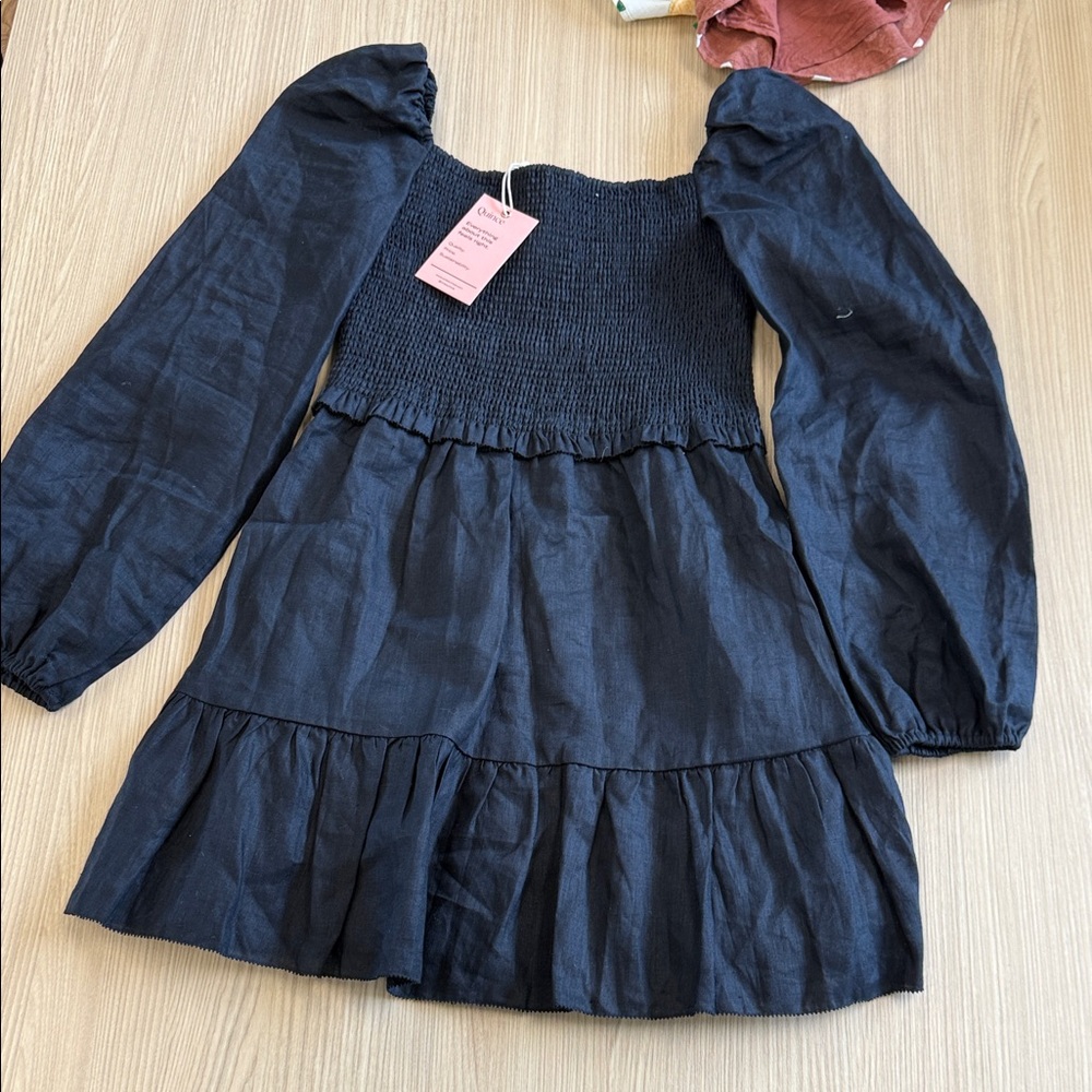 Smocked top black mini dress long sleeves